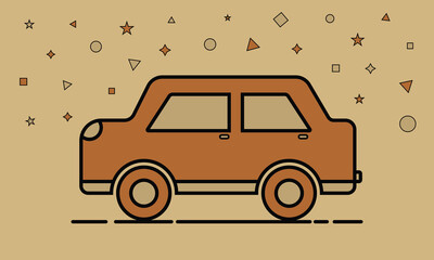 Retro Brown Car Line Art Illustration with Minimal Geometric Background Pattern