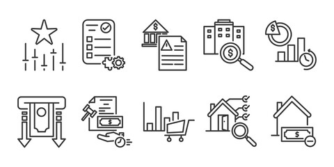 refinance icon pack in creative outline vector style for loan renewal debt optimization mortgage updates credit improvement financial planning and savings visuals
