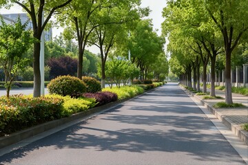 Obraz premium A perspective shot down a quiet, shaded residential street or park path lined with mature trees, showing dense, colorful shrubs and a neat sidewalk on a clear day.