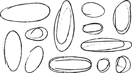Hand drawn crayon ovals and circles. Ellipses pencil doodle style set. Red round rough thin frames. Round freehand shapes, emphasis highlights. Vector elements for hand drawn diagrams