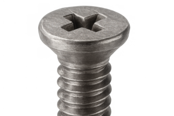 Macro view of a phillips head screw, close up on the metal head and screw thread, isolated object on transparent background