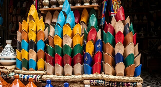 A vibrant composition of stacked, colorful traditional Moroccan leather babouche slippers in a souq shop. A beautiful display of culture, craftsmanship, and travel inspiration.