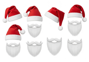 Collection of santa hats and beards isolated on transparent background