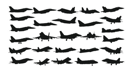 Collection of military fighter jet silhouettes against a plain white background