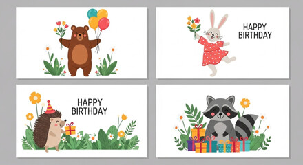 Adorable Happy Birthday Cards Featuring a Bear, Bunny, Hedgehog, and Raccoon Celebrating with Balloons, Flowers, and Gifts in a Delightful Cartoon Style