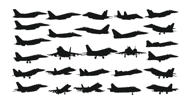 Collection of military fighter jet silhouettes against a plain white background