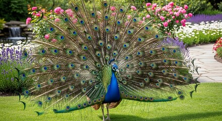 Obraz premium Majestic Peacock Displaying Vibrant Feathers in a Lush Garden Setting.
