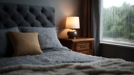 Serene bedroom interior with a tufted headboard warm bedside lamp on a nightstand and a soothing view of gentle rain falling outside