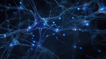 Abstract Digital Illustration of Neural Network Structure with Glowing Blue Lights on Dark Background