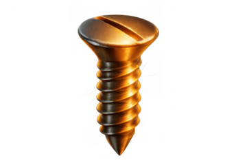 Bronze screw with slotted head and threaded shank, shining on transparent background, for carpentry and construction