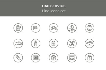 Car service icon set. Collection signs with editable stroke on white background. Auto service, auto repair icon set. Car service and garage.