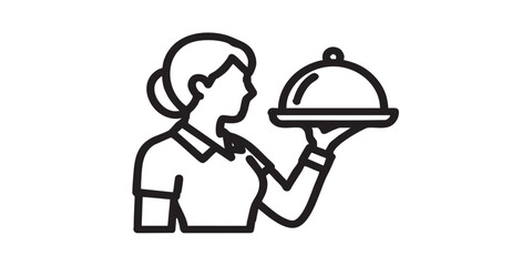 Waiter girl with dish line icon, cooking concept. Vector graphics. Woman and tray in her hand, food service sign on white background, style icon mobile or web design.