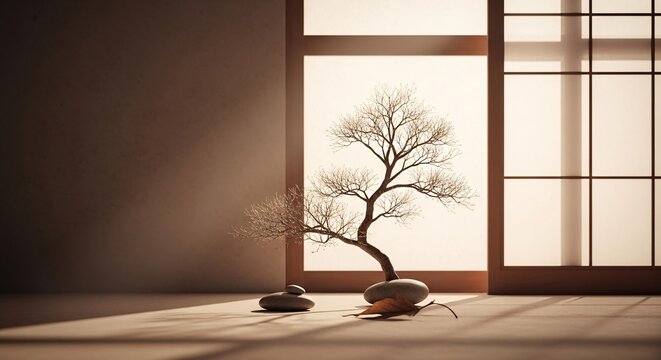 Minimalist Zen interior with a solitary bonsai tree and dramatic shadows cast by sunlight through a traditional shoji window