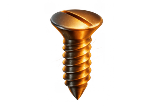 Bronze screw with slotted head and threaded shank, shining on transparent background, for carpentry and construction