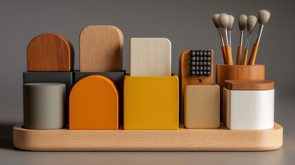 Stylish organizer with colored containers and brushes on neutral background
