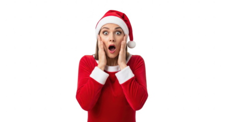 Surprised woman in santa hat and dress isolated on transparent background
