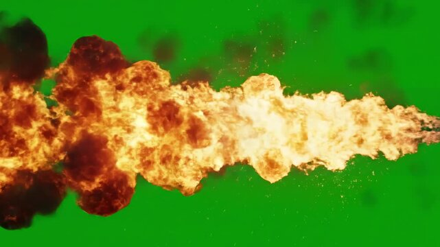 Unique Fire Motion Path with the vertically moving flame thrower starts shooting from right side to center of screen horizontally isolated by alpha channel transparent background distortion, green