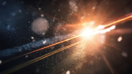Abstract Burst Of Light With Particle Effects And Lens Flare Against Dark Background