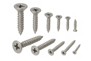 Metal phillips head screws of various sizes, hardware fastening elements, isolated illustration on transparent background