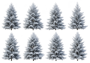 Collection of snow-covered fir trees, isolated on transparent background
