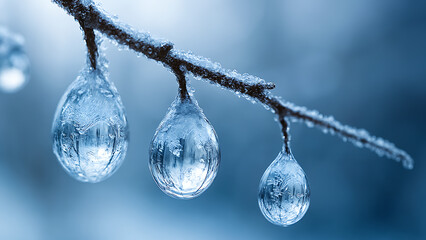 Macro close-up of frozen water droplets hanging from a frosted twig reflecting a winter forest landscape