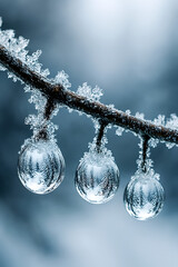 Macro close-up of frozen water droplets hanging from a frosted twig reflecting a winter forest landscape