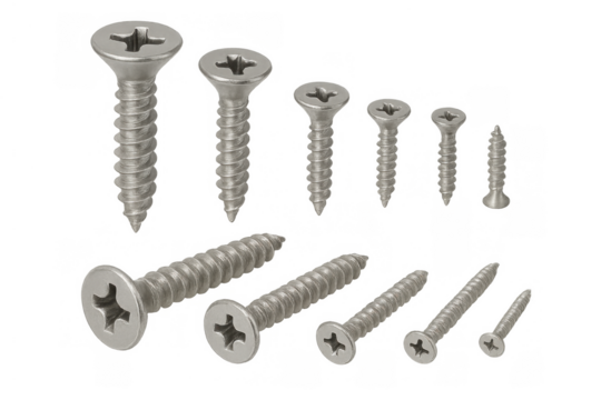Metal phillips head screws of various sizes, hardware fastening elements, isolated illustration on transparent background