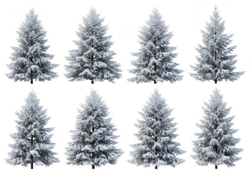 Collection of snow-covered fir trees, isolated on transparent background