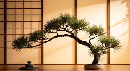 A beautifully shaped pine bonsai tree sits on a wooden floor next to a stack of zen stones, with a traditional shoji screen in the background creating a peaceful atmosphere