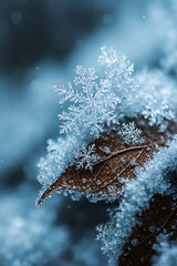 Macro photography of a perfect hexagonal snowflake crystal resting on a frozen brown leaf covered in hoarfrost