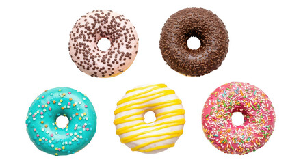 Delicious colorful donuts with sprinkles isolated on transparent background, top view