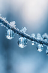 Macro close-up of frozen water droplets hanging from a frosted twig reflecting a winter forest landscape