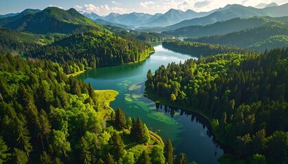 Aerial view of a stunning mountain lake surrounded by vibrant green forests, with distant snow-capped peaks. Clear, turquoise water