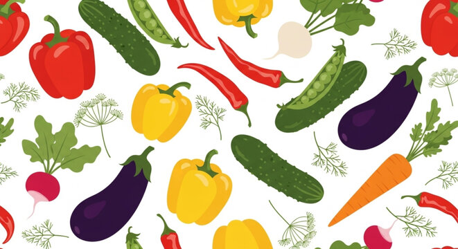 Vibrant organic vegetables create a lively pattern perfect for farm fresh produce promotions and healthy eating campaigns with peppers, peas, carrots, and more