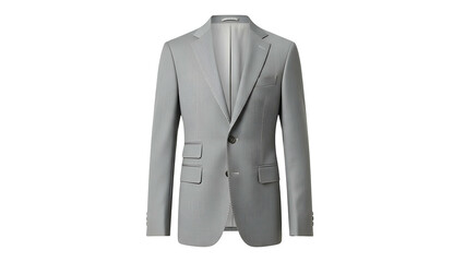 A light gray, single-breasted blazer with a notched lapel, two front pockets, and a button