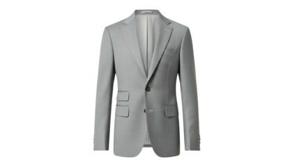 A light gray, single-breasted blazer with a notched lapel, two front pockets, and a button