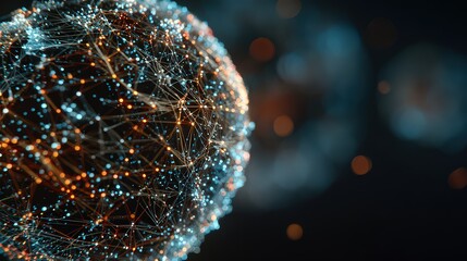 Abstract Digital Network Sphere with Glowing Orange and Blue Lights on Black Background