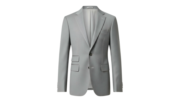 A light gray, single-breasted blazer with a notched lapel, two front pockets, and a button