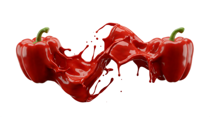 Surreal concept of red bell peppers melting into a splash of thick red paint or liquid juice, combining food and artistic creativity on a transparent background.