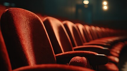 Red Velvet Theater Seats in Dimly Lit Auditorium with Bokeh Lights