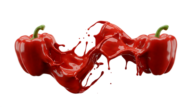 Surreal concept of red bell peppers melting into a splash of thick red paint or liquid juice, combining food and artistic creativity on a transparent background.