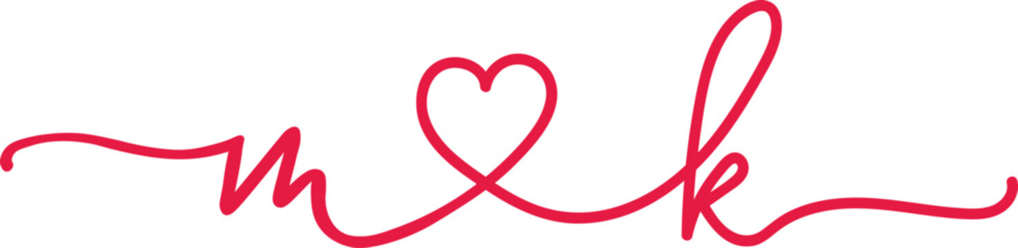 Heart initial mk or km logo script letter logo handwritten monogram with heart love concept for branding identity. Single line m and k logo.