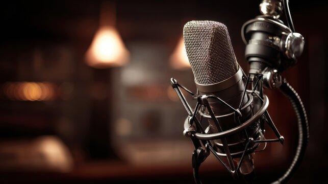 Close up view of a recording microphone in a studio setting
