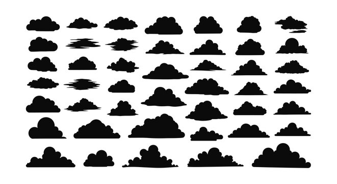 Collection of diverse black cloud shapes and silhouettes on a white background