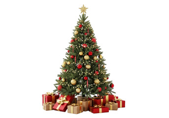 Decorated christmas tree with gifts isolated on transparent background