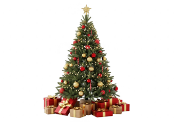 Decorated christmas tree with gifts isolated on transparent background