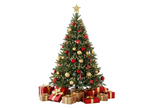 Decorated christmas tree with gifts isolated on transparent background