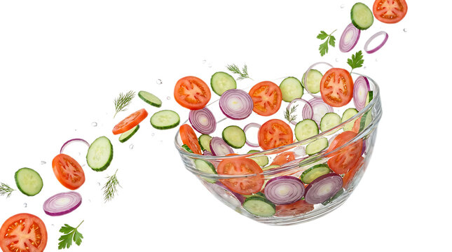 Flying salad ingredients including sliced cucumber, tomato, and red onion falling into a glass bowl, dynamic healthy meal concept on transparent background. - Powered by Adobe