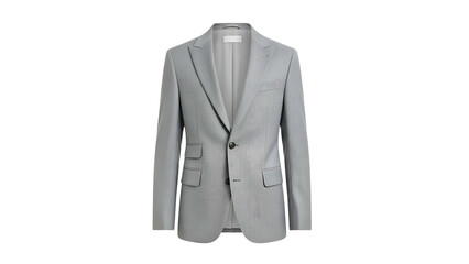 A classic gray suit jacket, front view, isolated on black background