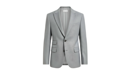 A classic gray suit jacket, front view, isolated on black background